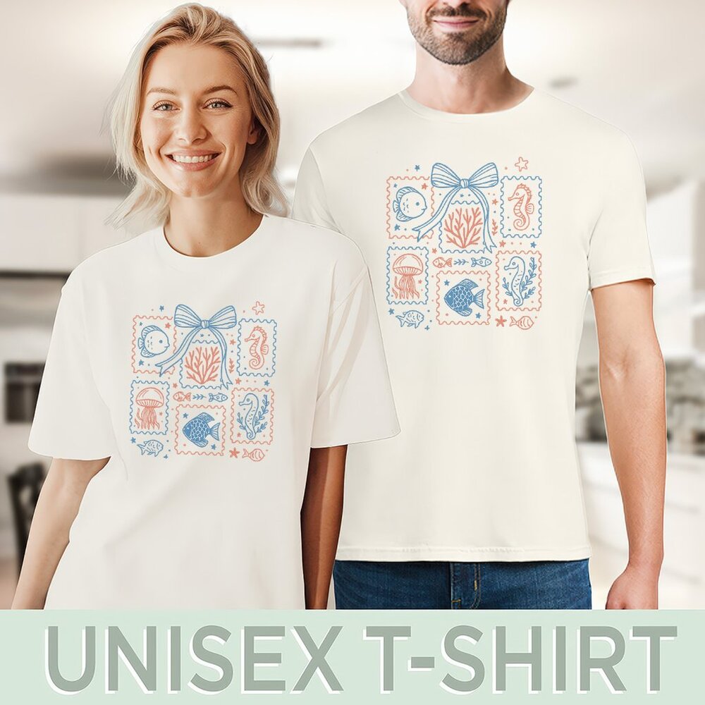 Ocean Life Stamp T Shirt Marine Animals Tee Fish Seahorse Jellyfish Design - Picture 5 of 6